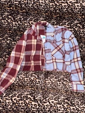 Forever 21 Burgundy and Light Blue Plaid Button-Up Flannel Shirt